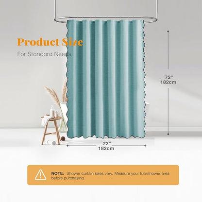 BTTN Teal Scalloped Shower Curtain, Linen Textured Heavy Duty Fabric Shower Curtain Set with 12 Plastic Hooks, Elegant Modern Rustic Boho Farmhouse Waterproof Cloth Shower Curtains for Bathroom, 72x72