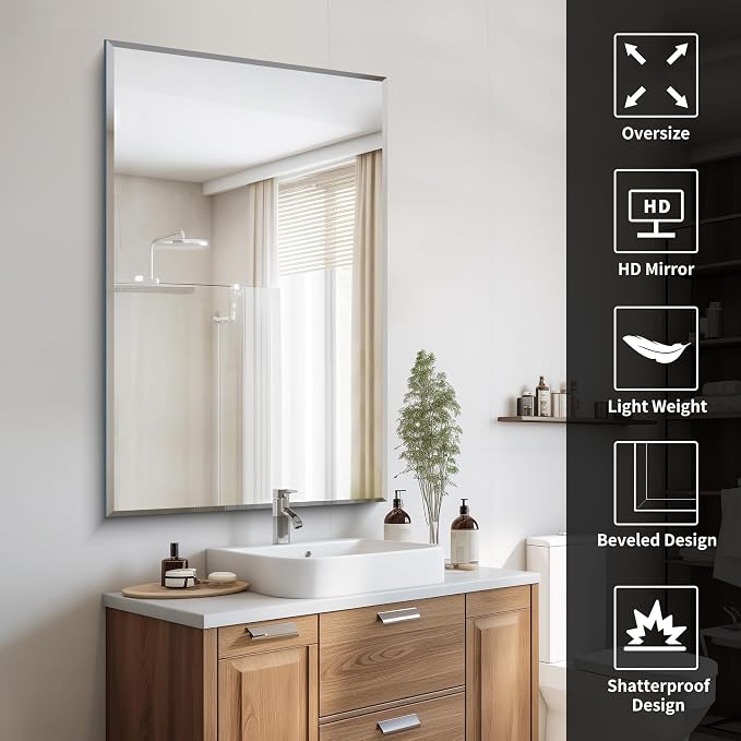 CILIBER Beveled Mirror, 30x48 Large Frameless Bathroom Mirrors for Wall, 3mm Tempered Glass Rectangle Vanity Mirror with Beveled Edge, Crystal-Clear, Hangs Horizontally or Vertically