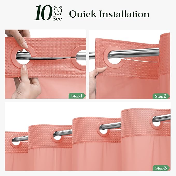 Coral Hook Free Waffle Shower Curtain & Snap-in Fabric Liner,72x81 | Less Time to install, 3 in 1 Fabric Shower Curtain and Liner Set with Magnets, Long, Shower Curtains for Bathroom