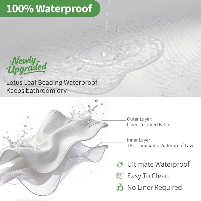 Extra Long No Hooks & No Liner Needed Fabric Shower Curtain,71"Wx86"L,White | Linen Texture,100% Waterproof TPU Laminated Layer,Bottom Magnets,Machine Washable,Hotel Style Bathroom Curtain For Shower,Tub