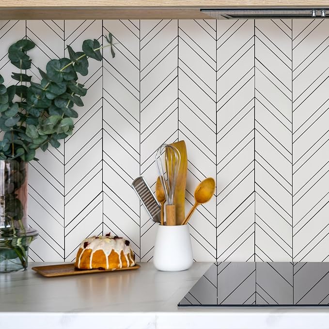 Yipscazo Polished White Herringbone Peel and Stick Backsplash for Kitchen Walls, Sample Heat Resistant PVC Mixed Metal Stick on Backsplash Tiles,Waterproof Peel and Stick Tile for Bathroom&Shower