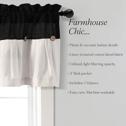 Lush Decor Linen Button Farmhouse Valance Curtians 52" W x 18" L Black & White - Linen Valances for Windows - Kitchen Curtains Valances (Pack of 12)