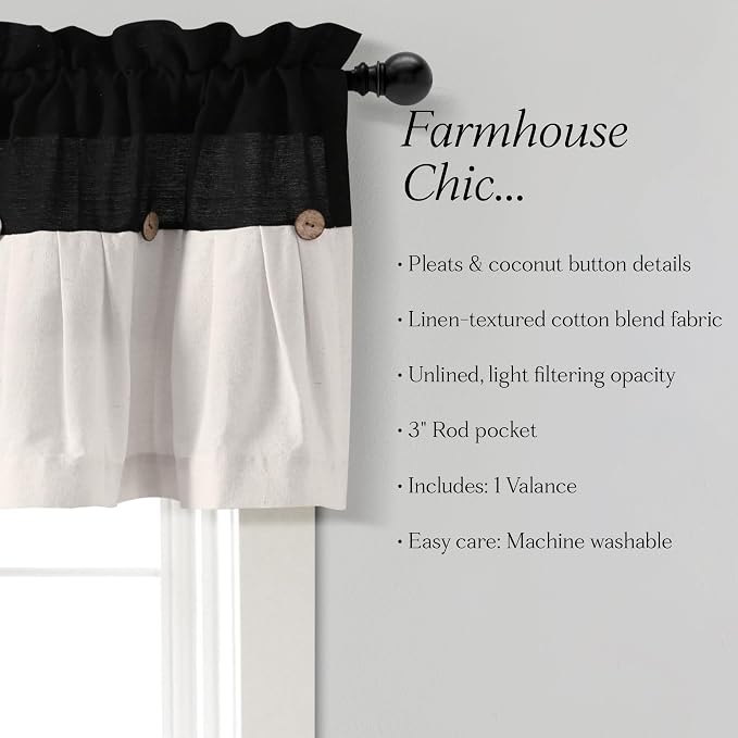 Lush Decor Linen Button Farmhouse Valance Curtians 52"W x 18"L Black & White - Linen Valances For Windows - Kitchen Curtains Valances