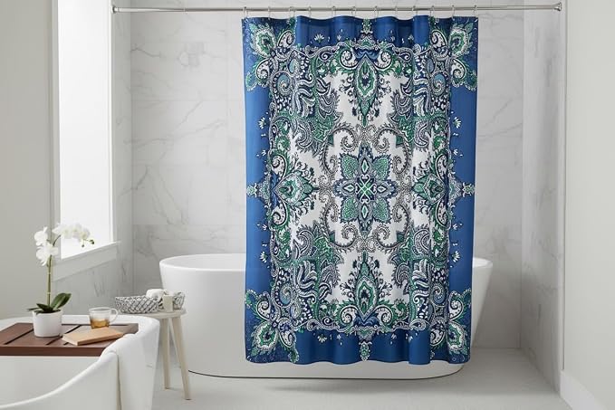 Boho Shower Curtain, Navy Teal White Mandala Floral Design, Fabric, 72 x 72 inches, Stain-Resistant, Paisley Pattern, with Hooks
