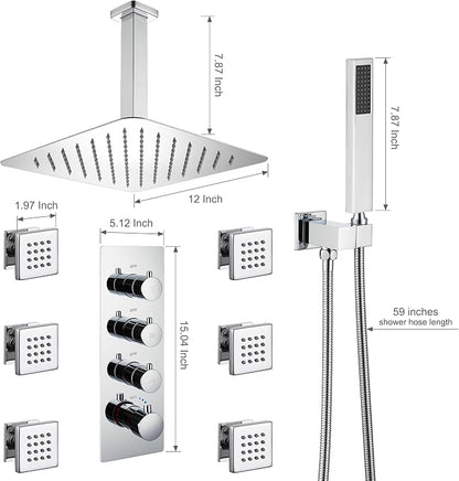 MONDAWE 12 In Thermostatic Shower System, Ceiling Mounted High Pressure Shower Head with Handheld,6 Body Jets, Bathroom Shower Faucet Set in Chrome