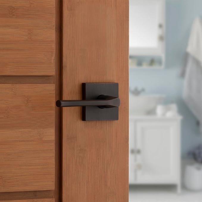 Kwikset Lisbon Interior Privacy Door Handle with Lock, Door Lever For Bathroom and Bedroom, Venetian Bronze Reversible Keyless Push Button Lock Door Lever