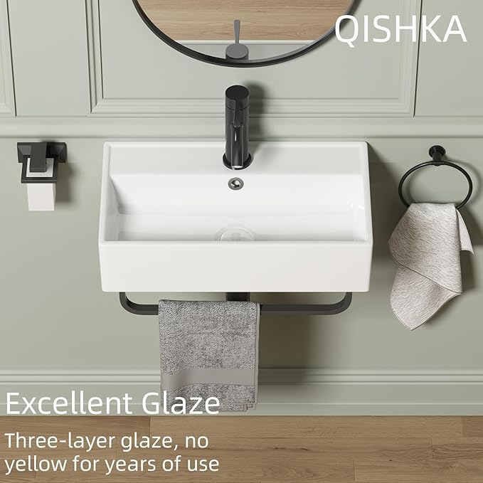 Wall Mount Rectangular Vessel Sink with Towel Rack, QISHKA 21.5"x12.5" Modern Ceramic Bathroom Floating Sink, White Rectangle Vanity Sink with Overflow, Wall Hung Wash Hand Basin