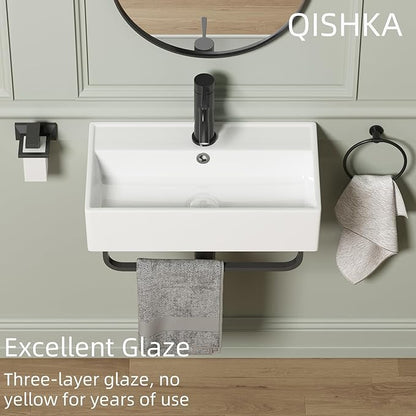 Wall Mount Rectangular Vessel Sink with Towel Rack, QISHKA 21.5"x12.5" Modern Ceramic Bathroom Floating Sink, White Rectangle Vanity Sink with Overflow, Wall Hung Wash Hand Basin