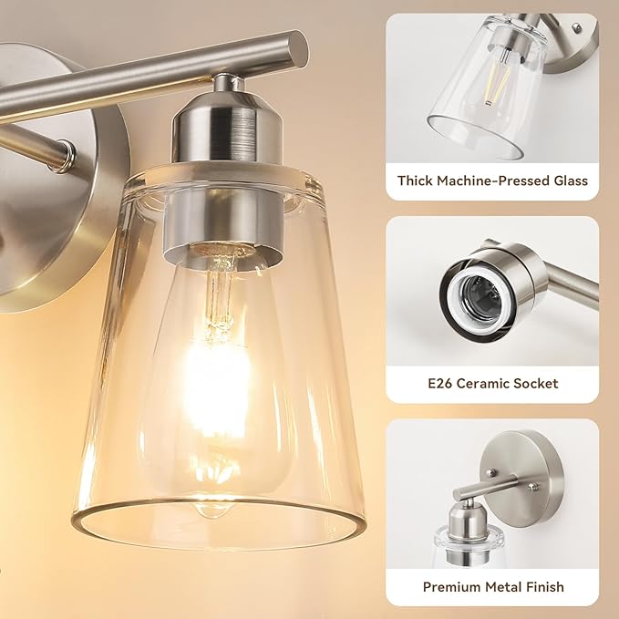 TALOYA 27 Inch Brushed Nickel Bathroom Light Fixtures with Thickend Clear Tapered Glass Shade, 4-Light Modern Vanity Light Over Mirror for Bathrooms, Bedrooms (Bulbs Not Included)
