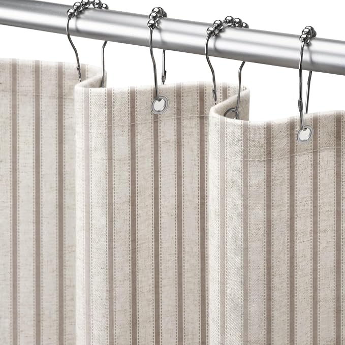 Farmhouse Striped Shower Curtain Taupe Vintage Linen Curtain 60"W X 72"L | Striped Shower Curtains with Linen Texture for Bathroom Decor