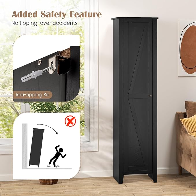 GIANTEX 72-Inches Narrow Storage Cabinet, Tall Bathroom Floor Cabinet with 4 Shelves, Barn Door, Anti-tilt Device, Raised Feet, Slim Storage Unit for Small Spaces, Living Room, Home Office, Kitchen