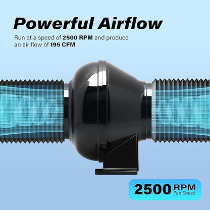 HealSmart 4 Inch Exhaust Inline Duct 195 CFM Quiet Vent Booster Blower for Indoor Grow Tent Hydroponics Ventilation, Fan New, Black