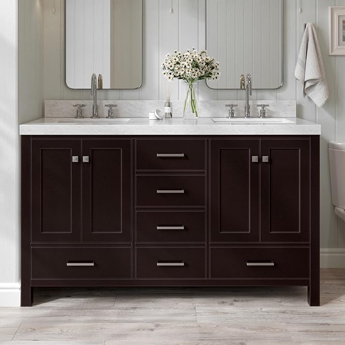 ARIEL Cambridge 60-inch Bathroom Vanity with Sink,Solid Wood, 2-inch Italian Carrara Marble Countertop, Double Rectangular Porcelain Sink, 4 Soft Closing Doors, 6 Dovetail Drawers, Espresso