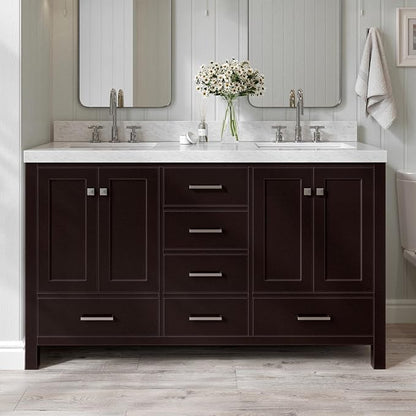 ARIEL Cambridge 60-inch Bathroom Vanity with Sink,Solid Wood, 2-inch Italian Carrara Marble Countertop, Double Rectangular Porcelain Sink, 4 Soft Closing Doors, 6 Dovetail Drawers, Espresso