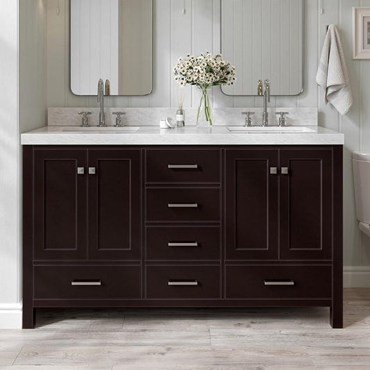 ARIEL Cambridge 60-inch Bathroom Vanity with Sink,Solid Wood, 2-inch Italian Carrara Marble Countertop, Double Rectangular Porcelain Sink, 4 Soft Closing Doors, 6 Dovetail Drawers, Espresso