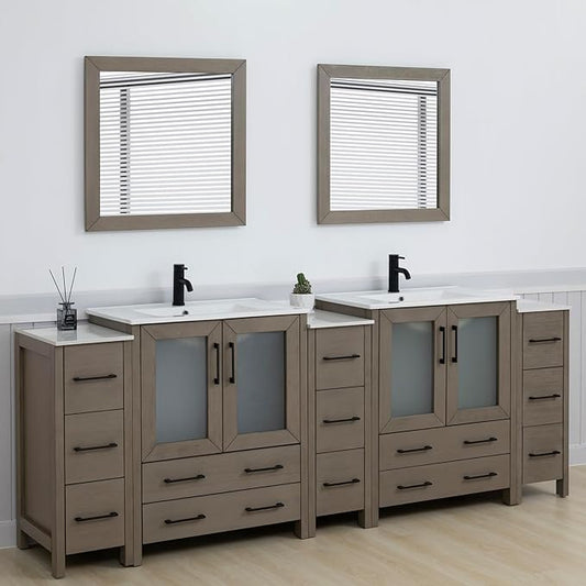 Vanity Art 96 Inch Under Mount Double Sink Bathroom Vanity Cabinet with 2 Mirrors, Ceramic Top Bathroom Cabinet Compact Set with 13 Dovetail Storage Drawers and Matte Black Handles, VA3030-96-DG