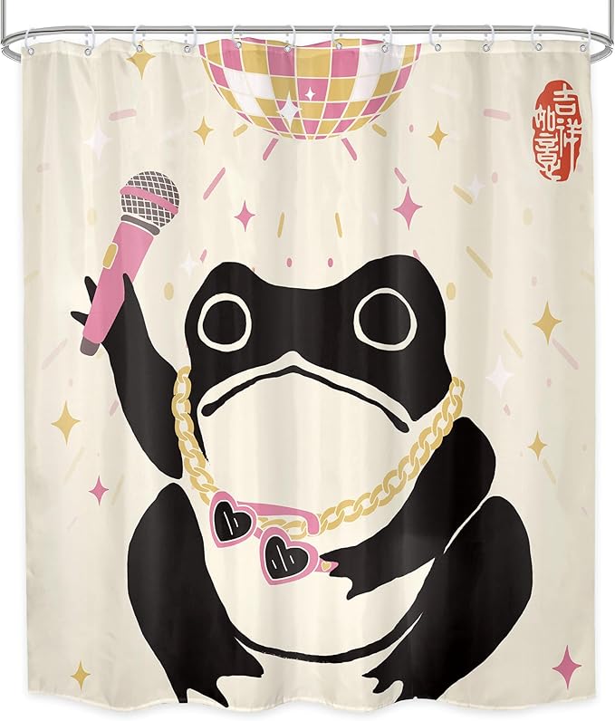 LGhtyro Funny Frog Shower Curtain Bathroom Set 60Wx71H Inches Retro Asian Style Traditional Japanese Art Cute Animal Disco Pink Light Bath Accessories Vintage Art Home Decor Fabric 12 Pack Hooks