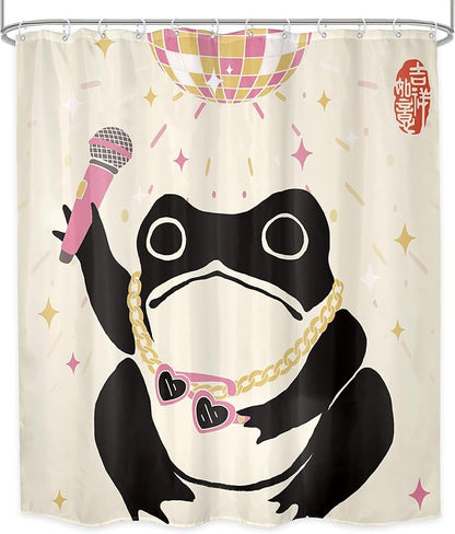 LGhtyro Funny Frog Shower Curtain Bathroom Set 60Wx71H Inches Retro Asian Style Traditional Japanese Art Cute Animal Disco Pink Light Bath Accessories Vintage Art Home Decor Fabric 12 Pack Hooks