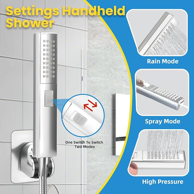 Rainfall Shower Head with Handheld Combo, Silvery, 10 Inch & 3 Spray Modes | 180° Adjustable, Extension Arm, Easy To Install