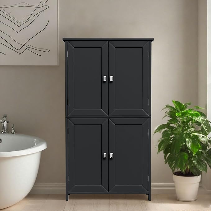 Bathroom Cabinet with Adjustable Shelf Freestanding Storage Cabinet with 2 Doors Wooden Organizer Floor for Bathroom Kitchen and Living Room (Black, 4 Doors)