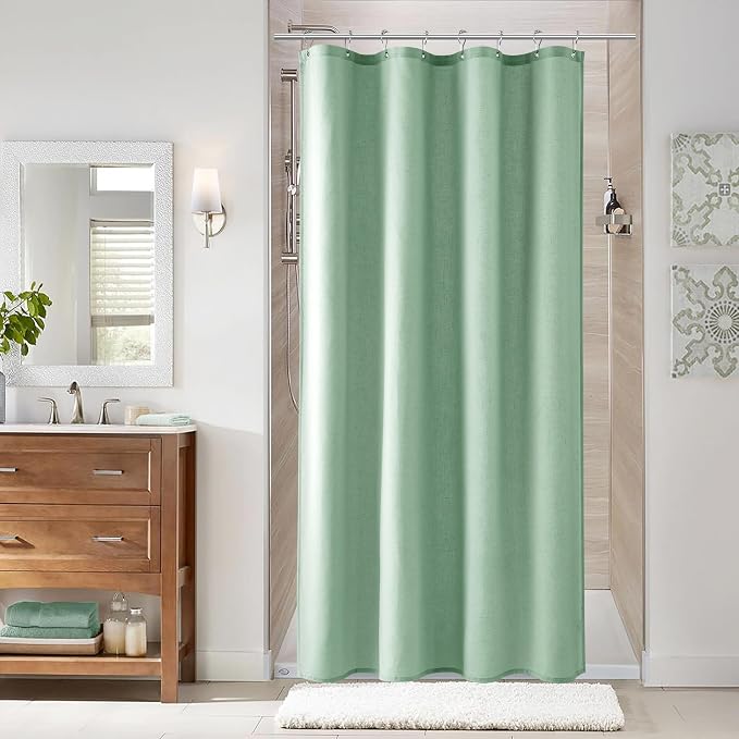 Aqua Green 42 Inch Shower Curtain - Stall Narrow Half Linen Ultra Thick Fabric Shower Curtain Set with Hooks, Boho Farmhouse Rustic RV Camper Bath Curtains for Bathroom, 42x72