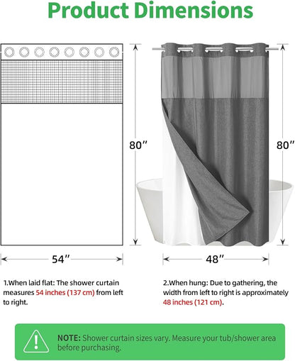 eachope No Hook Fabric Shower Curtain with Snap-in Liner,54x80Charcoal Grey | Linen Texture,230GSM Thick Fabric,Hotel Luxury Decor,Mesh Window,Waterproof & Machine Washable,for Shower Stall or Bathroom