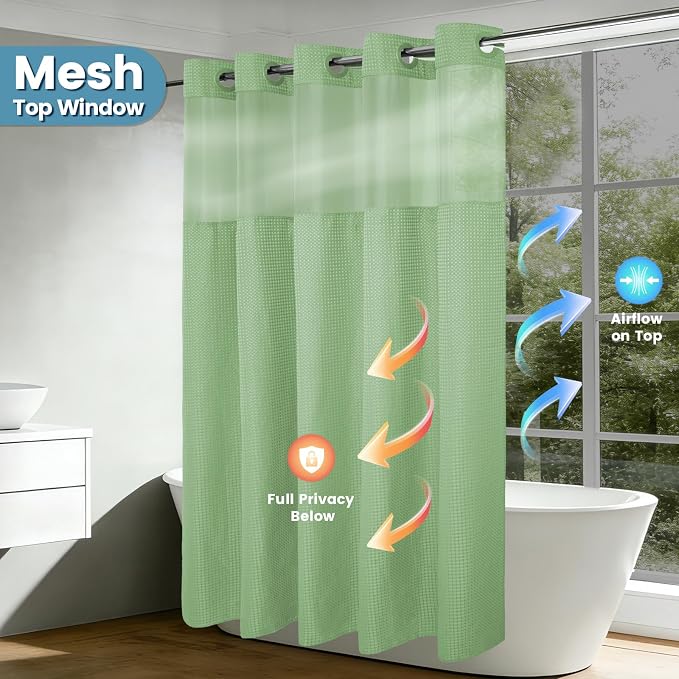 EUTXL Heavyweight Mint Green No Hook Shower Curtain with Snap in Liner,256GSM Waffle Weave Shower Curtains for Bathroom,71W x 74H