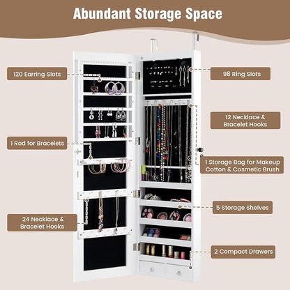 Moccha Wall Door Jewelry Armoire, Full Screen Jewelry Cabinet for Bedroom, Lockable Jewelry Cabinet, Jewelry Organizer Storage with 2 LED Lights and 2 Drawers, White