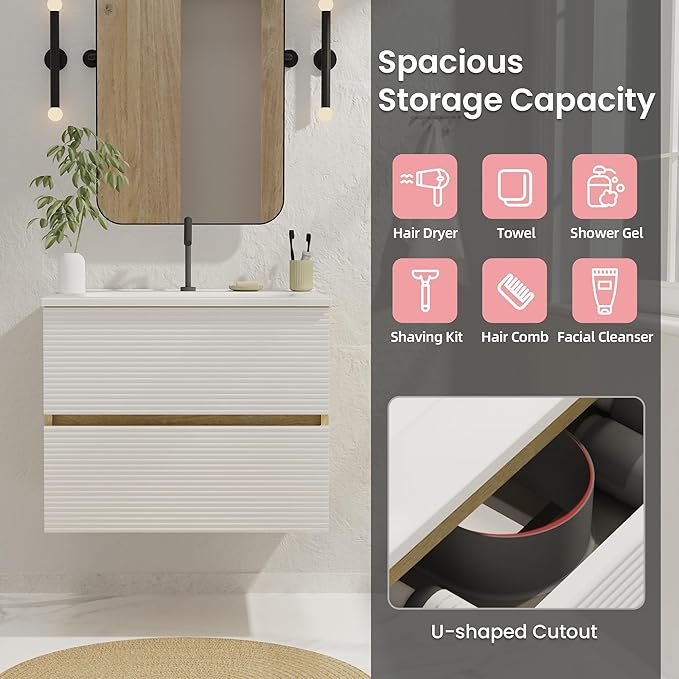 24'' Floating Bathroom with Sink Combo, Modern Bathroom Cabinet with 2-Soft Close & Large Storage Drawers, for Small Space, Apartment, Hotel, White and Natural (Already Assembled)