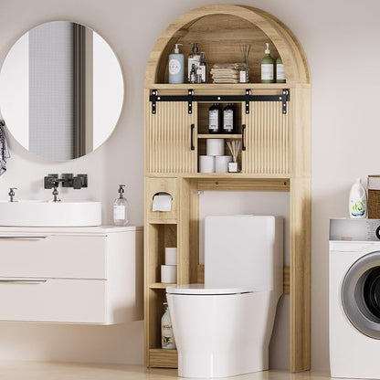 Spurgehom Wood Over Toilet Cabinet, Freestanding Arch Bathroom Organizer | Wood Arch Over Toilet Cabinet with Sliding Doors, Toilet Paper Holder & Anti-tipping Device, Bathroom Storage Unit