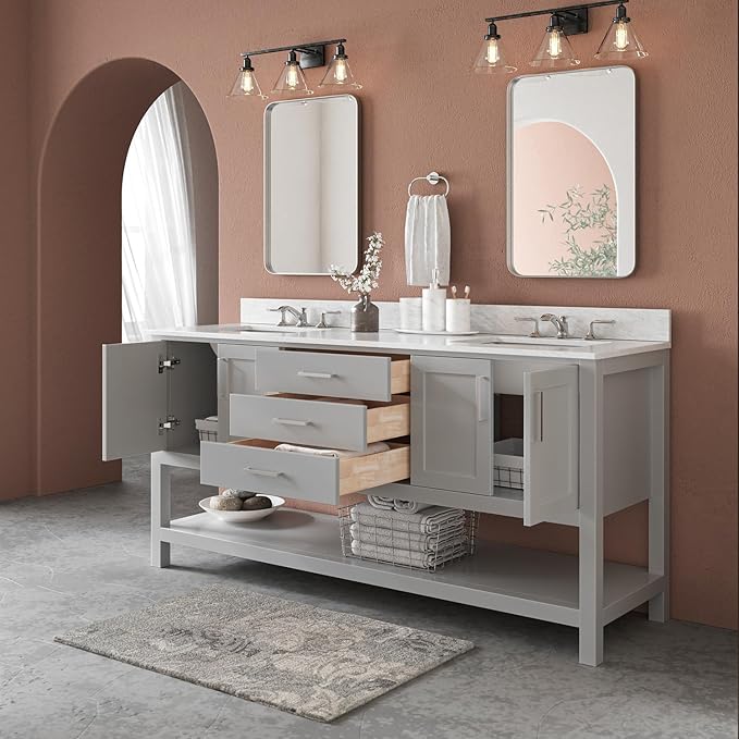 ARIEL Magnolia 72-inch Bathroom Vanity with Sink,Solid Wood, 0.75-inch Italian Carrara Marble Countertop, Double Rectangular Porcelain Sink, 4 Soft Closing Doors, 3 Dovetail Drawers, Grey