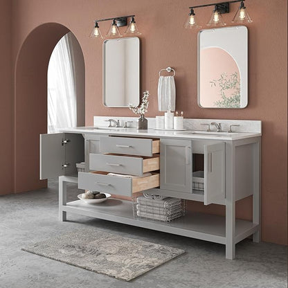 ARIEL Magnolia 72-inch Bathroom Vanity with Sink,Solid Wood, 0.75-inch Italian Carrara Marble Countertop, Double Rectangular Porcelain Sink, 4 Soft Closing Doors, 3 Dovetail Drawers, Grey