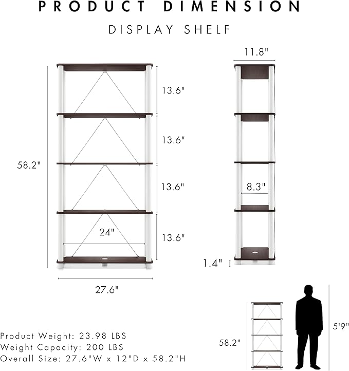 Homes: Inside + Out Apexa Modern 5-Tier Wide Shelving Units, Collectibles Display Shelves, Easy Assembly Standing Shelf, Home Storage Organizer for Living Room, Bedroom, Office, Espresso