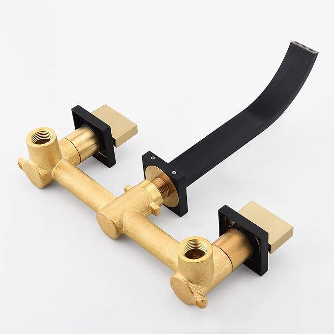 SUMERAIN Wall Mounted Faucet for Bathroom Sink Black and Gold Finish, Lavatory Basin Faucet with Two Handles and Rough in Valve