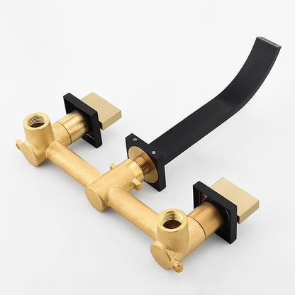 SUMERAIN Wall Mounted Faucet for Bathroom Sink Black and Gold Finish, Lavatory Basin Faucet with Two Handles and Rough in Valve