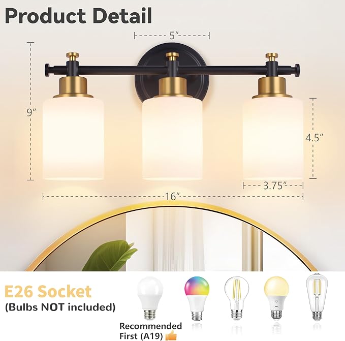 3 Light Bathroom Vanity Light, Black and Gold Vanity Lights for Bathroom | Vanity Light Fixture Over Mirror, Modern Wall Sconce with Milky White Glass Shade, 17.5 In, E26(Bulbs Not Included)