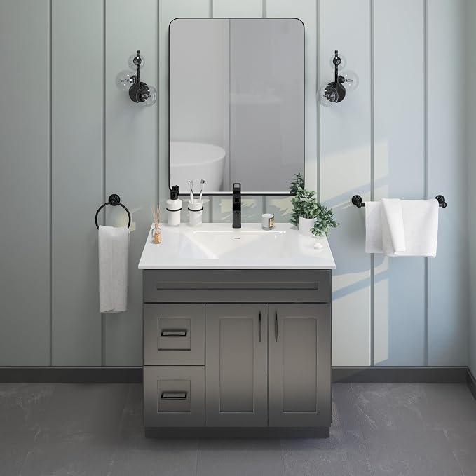36" Light Grey Shaker Bathroom Vanity Base – Ready-to-Assemble Sink Cabinet with Drawers, Freestanding Bathroom Vanity Base Only, No Top or Sink