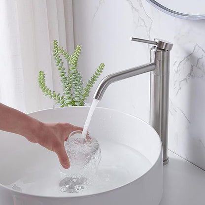 Hotis Vessel Sink Faucet Brushed Nickel, Stainless Steel Tall Bathroom Faucet with 360° Swivel Spout, Single Handle 1 Hole Bathroom Faucets with Supply Lines and Pop Up Drain, HT-TX110788L-New