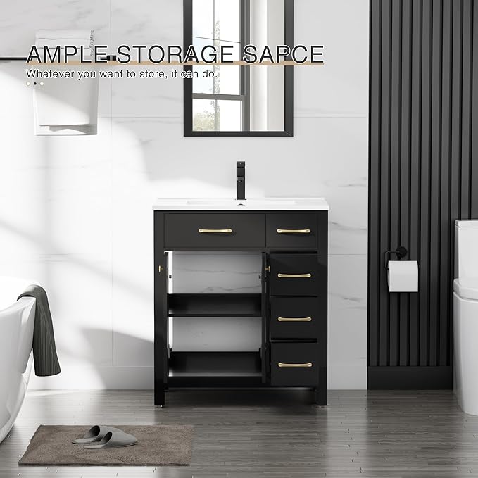 LUCKWIND 30" Modern Bathroom Vanity with Sink, Painted Storage Cabinet with Undermounted Sink, Two Doors and Three Drawers, Include Faucet Without Mirror, Black