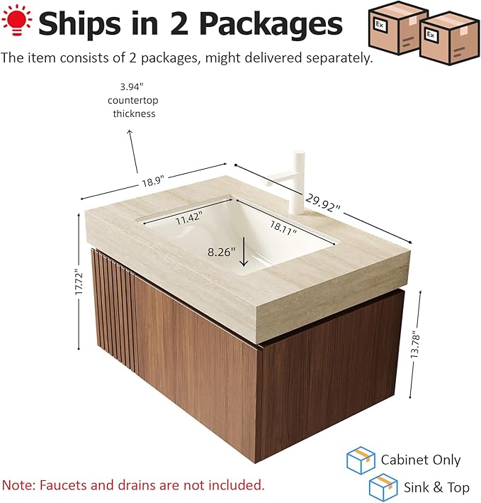 Ambrovina 30" Floating Bathroom Vanity with Sink, Modern Plywood Bathroom Storage Cabinet with Drawer and Door, Light Yellow Sintered Stone Countertop, White Ceramic Basin, Pre-Assembled, Light Oak