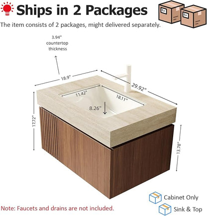 Ambrovina 30" Floating Bathroom Vanity with Sink, Modern Plywood Bathroom Storage Cabinet with Drawer and Door, Light Yellow Sintered Stone Countertop, White Ceramic Basin, Pre-Assembled, Light Oak