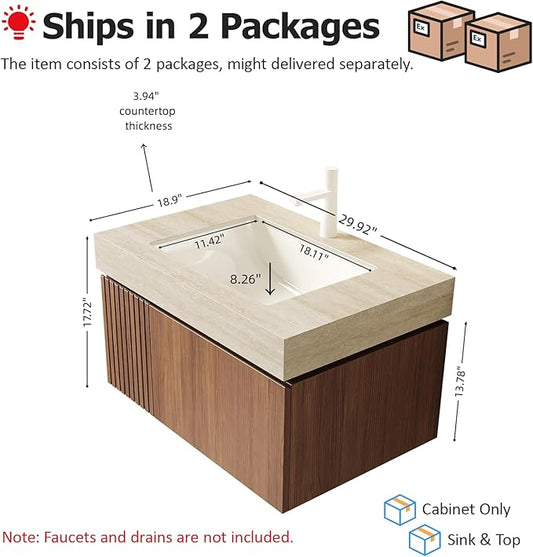 Ambrovina 30" Floating Bathroom Vanity with Sink, Modern Plywood Bathroom Storage Cabinet with Drawer and Door, Light Yellow Sintered Stone Countertop, White Ceramic Basin, Pre-Assembled, Light Oak