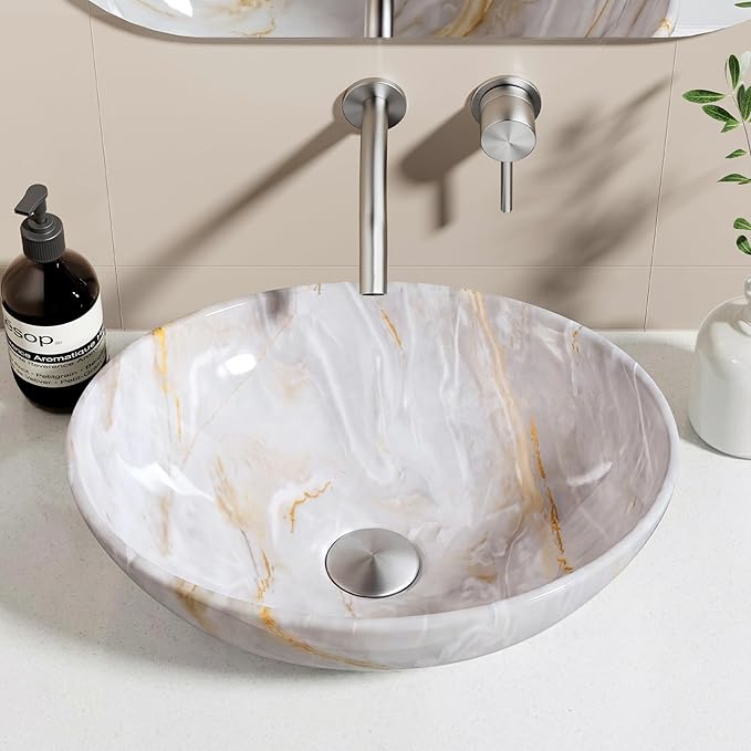 KES 16 x 13 Inch Oval Soft Clouded Marbling Vessel Sink Above Counter, Ceramic Porcelain Bathroom Sink Bowl for Vanity Countertop, Modern Look, No Overflow, Sink Only, BVS124-MBE