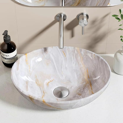 KES 16 x 13 Inch Oval Soft Clouded Marbling Vessel Sink Above Counter, Ceramic Porcelain Bathroom Sink Bowl for Vanity Countertop, Modern Look, No Overflow, Sink Only, BVS124-MBE