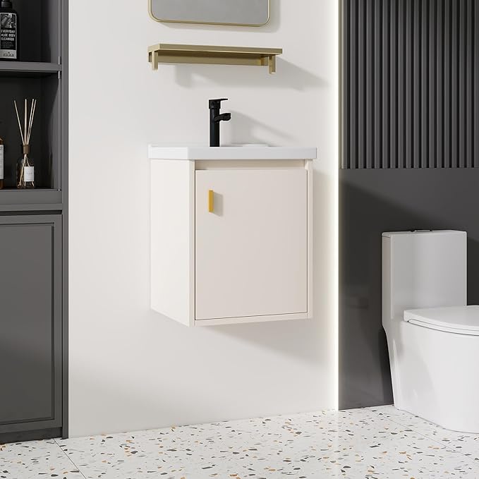 16'' Bathroom Vanity with Ceramic Sink Combo, Wall Mounted Small Bathroom Vanity with Soft-Close Door Modern Floating Cabinet, Pop-up Drain, P-Trap Included, Khaki(No Faucet)