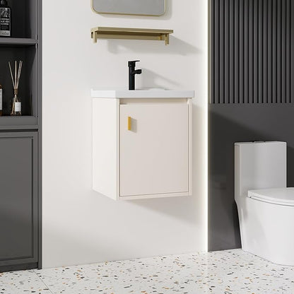 16'' Bathroom Vanity with Ceramic Sink Combo, Wall Mounted Small Bathroom Vanity with Soft-Close Door Modern Floating Cabinet, Pop-up Drain, P-Trap Included, Khaki(No Faucet)
