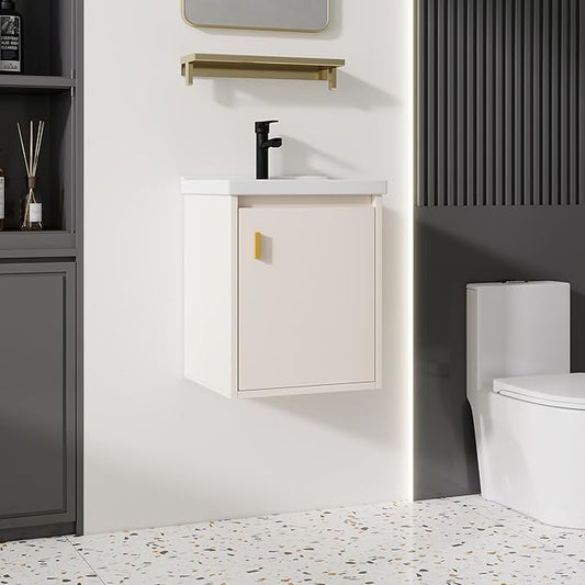 16'' Bathroom Vanity with Ceramic Sink Combo, Wall Mounted Small Bathroom Vanity with Soft-Close Door Modern Floating Cabinet, Pop-up Drain, P-Trap Included, Khaki(No Faucet)