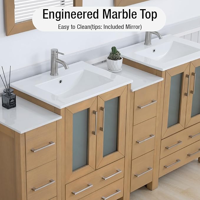 HOMEBEYOND 72 Inch Modern Bathroom Vanity with Sink & Mirror, Double Sink Vanity Cabinet with Basin and Mirror, Dove-Tailed Drawers, Soft-Closing Doors, Wood, Natural Oak