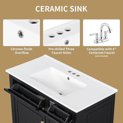 36" Bathroom Vanity with Ceramic Sink Top, Soft-Close Door & Flip Drawers, Freestanding Storage Cabinet W/Adjustable Shelf, Solid Wood Frame for Bathrooms, Powder Room, Guest Bath,Black