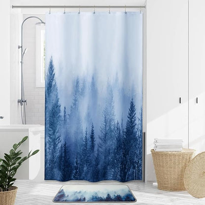 ORTIGIA 36x72 Misty Forest Stall Shower Curtain for Small Bathroom, Blue Half Size Narrow Nature Woodland Shower Curtain Set with Hooks, Waterproof Fabric Pine Tree Fog Magic Home Bath Curtain